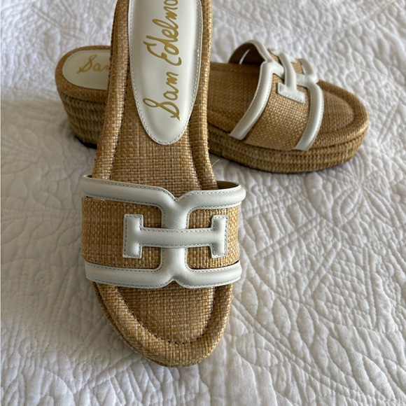 Sam Edelman White Leather & Natural Raffia Slide Mules - Picture 2 of 5